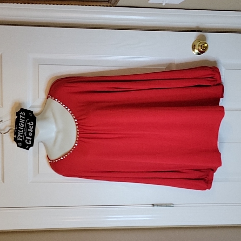 Ruby Rd. Woman Blouse 1X Red with Silver Studs Long Sleeve